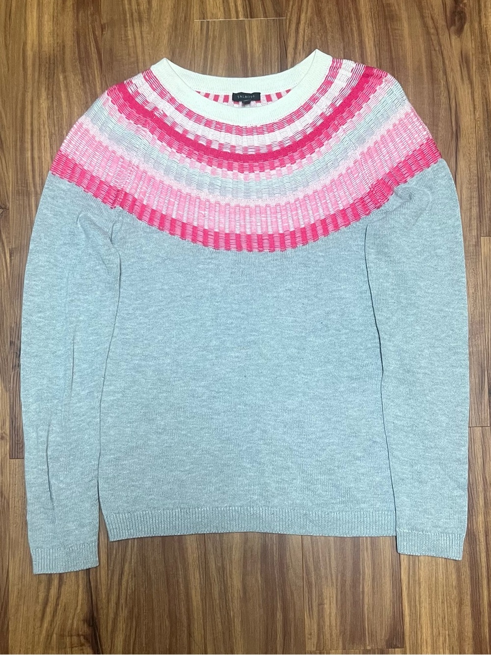 Talbots Women's Gray Sweater with Pink Fair Isle Yoke Design